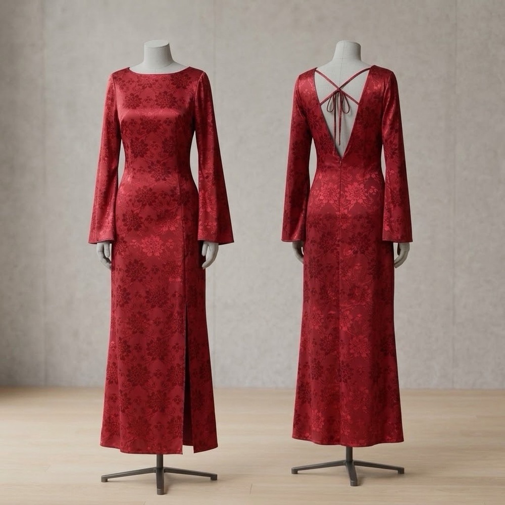 VICI Dress Womens Large Red Floral Jacquard Bell Sleeve V Back Maxi Formal Gown